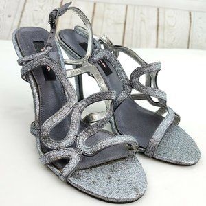 Nina New York Womens Silver Leather Shimmer Stiletto Heel Strappy Sandal Sz 8.5M